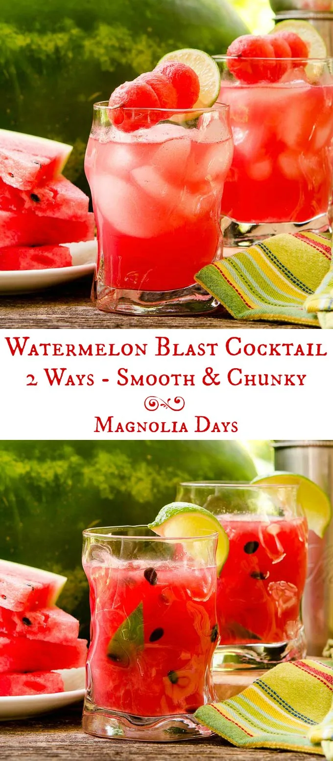 Watermelon Blast Cocktail is a refreshing summer drink with only 3 ingredients. Make it smooth style for easy sipping or chunky for the added fun of chewing (and seed spitting too).