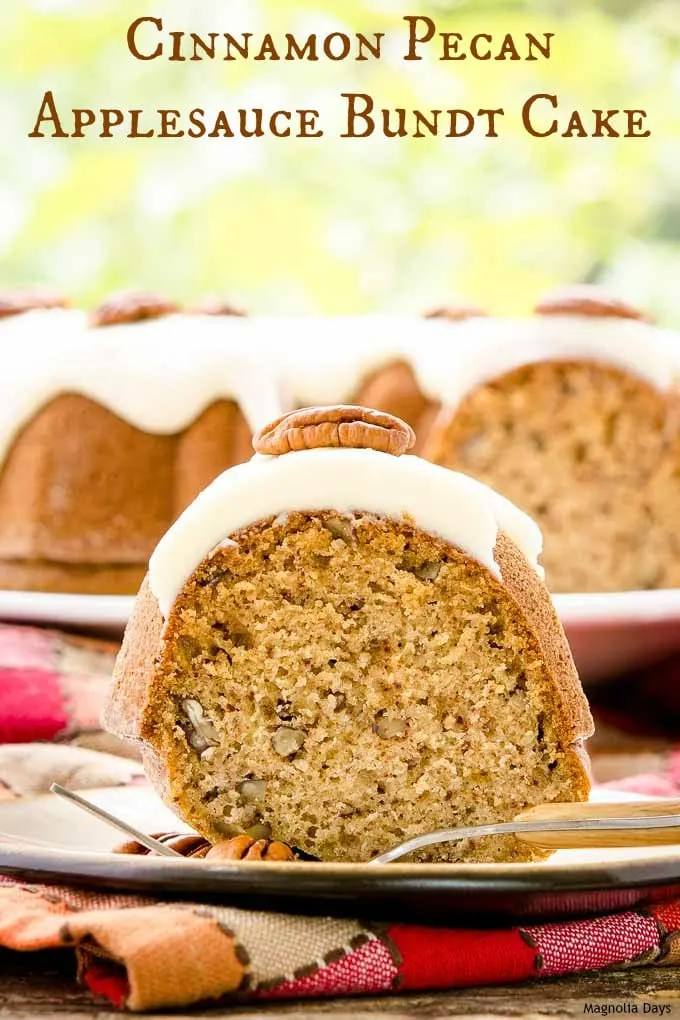 Cinnamon Pecan Applesauce Bundt Cake with Browned Butter Glaze. It's nicely spiced with a nutty crunch and touch of apple flavor.