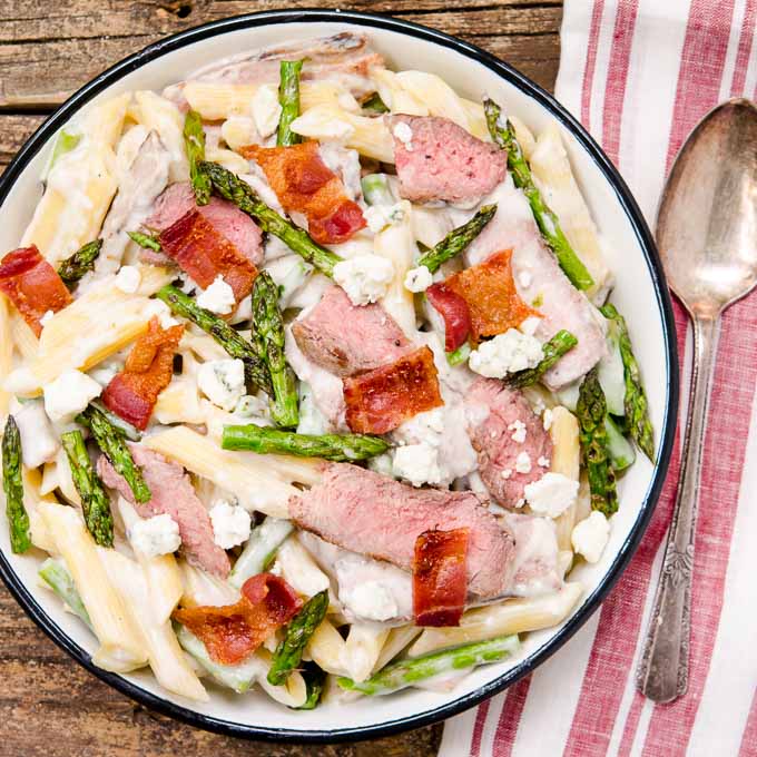 Creamy Blue Cheese Pasta with Steak and Bacon by Magnolia Days