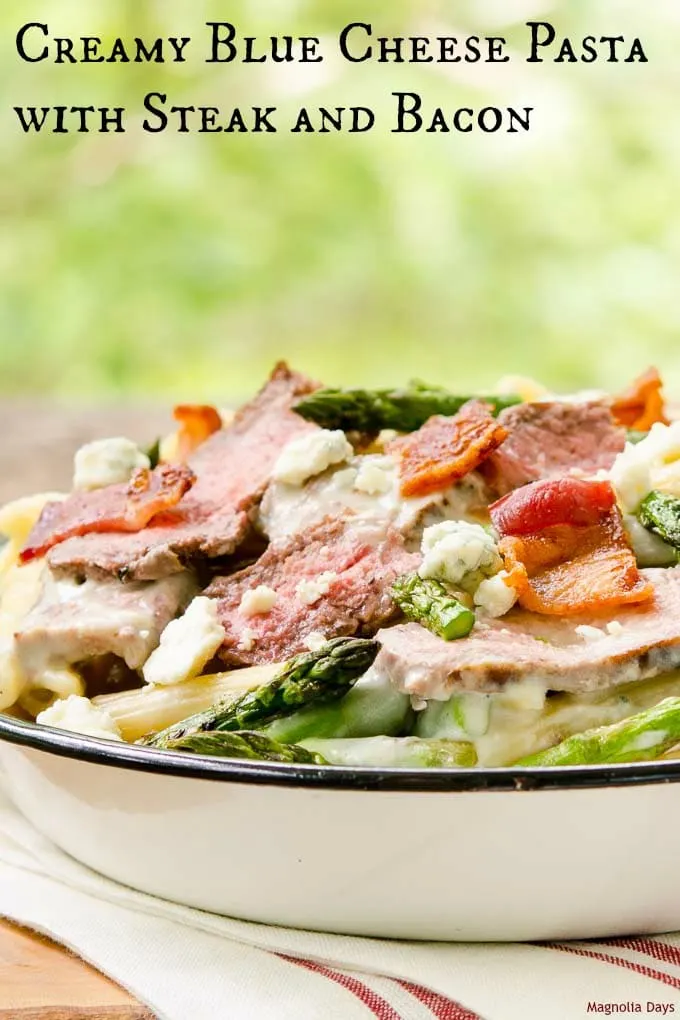 Creamy Blue Cheese Pasta with Steak and Bacon is a scrumptious hearty meal. It's comfort food and something special to satisfy many cravings at once.