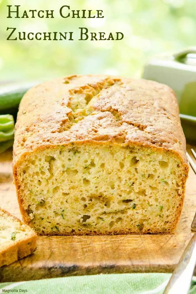 Hatch Chile Zucchini Bread is moist and sweet with a kick of heat. Green vegetables and chile peppers are inside this delectable treat.
