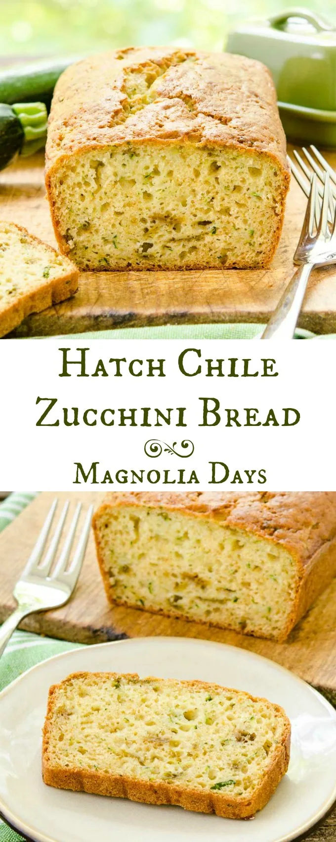 Hatch Chile Zucchini Bread is moist and sweet with a kick of heat. Green vegetables and chile peppers are inside this delectable treat.