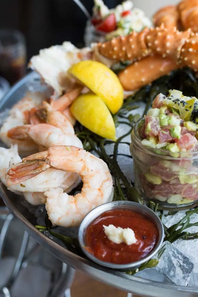 Jumbo shrimp cocktail on a cold seafood platter