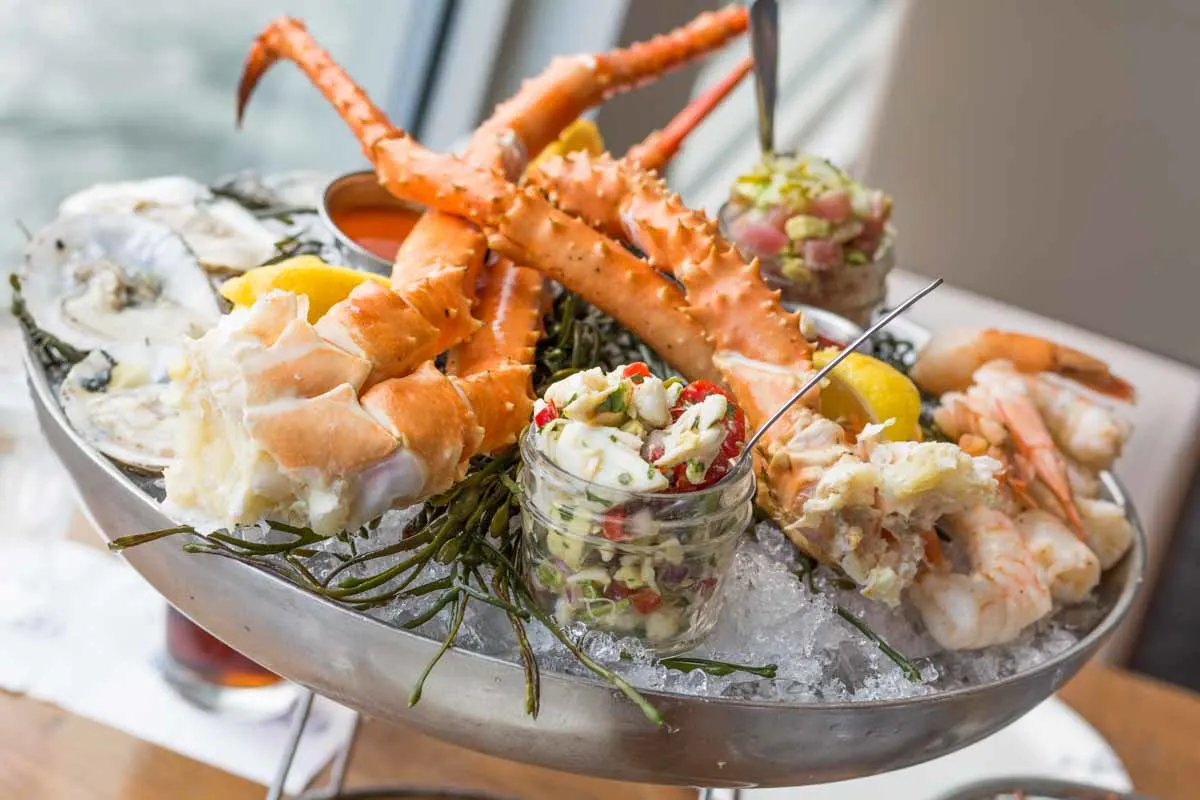 Paddlefish seafood tower in a metal bowl