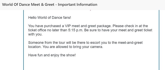 Screenshot of email regarding World of Dance Tour VIP meet and greet