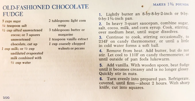 McCall's 1963 cookbook page with old fashioned fudge recipe