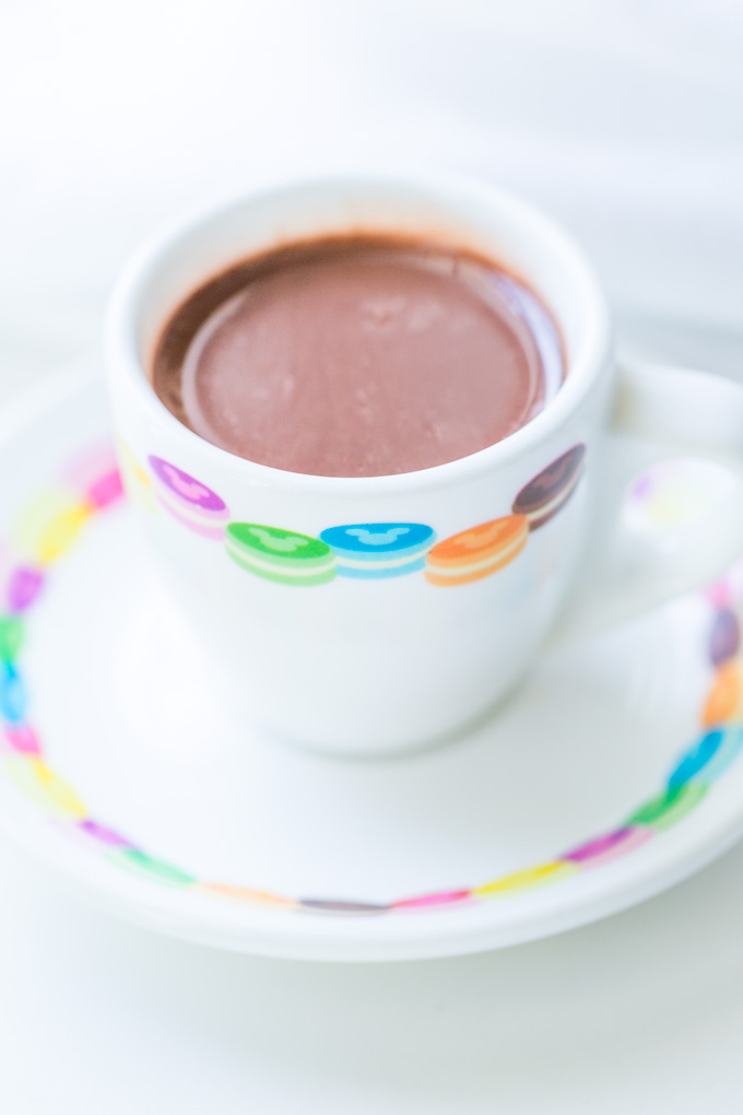 White demitasse cup and saucer with sugar free hot chocolate